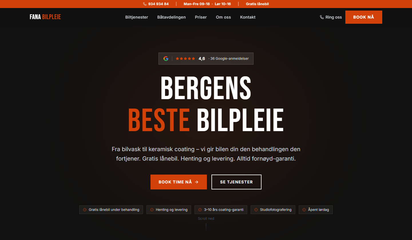 Skjermbilde av Fana Bilpleie nettside